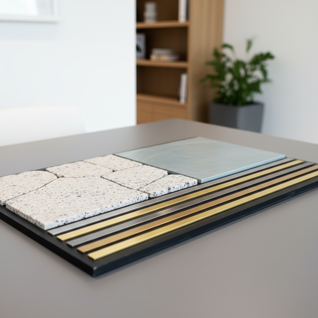 An immaculately rendered close-up of a high-end building material sample board, showcasing a harmonious selection of Swiss stone, polished concrete, and brushed metallic accents aligned in structured, parallel rows. The board rests on a smooth grey table in a contemporary office setting, accented by crisp white walls and subtle hints of wood grain in the background. Soft overhead studio lighting enhances the textures and natural hues of each material, casting minimal, soft-edged shadows. The atmosphere is orderly and sophisticated, imparting attention to detail and a commitment to quality. Captured from a slightly elevated angle with shallow depth of field, the composition draws focus to the textures, reinforcing the site’s standards of excellence and the professional approach to every project.