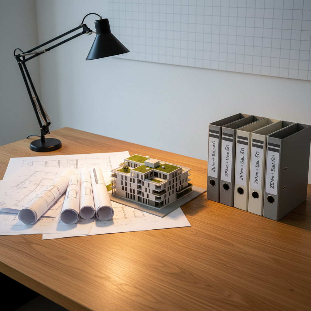 A staged professional workspace dedicated to project development, featuring organized blueprints, architectural scale models, and a precisely aligned set of neutral-colored folders with Zen Immo + Bau AG branding. The materials are arranged on a large, uncluttered oak desk with a structured metal lamp illuminating the area with focused, warm white light. Subdued shadows and subtle reflections on the paperwork create a composed, efficient mood. Shot from a high-angle perspective with rule-of-thirds composition, the sharp focus throughout highlights order and expertise. The overall style is photographic, with a minimalist, structured layout, perfectly representing the company’s methodical project management and structured approach to construction and real estate solutions.