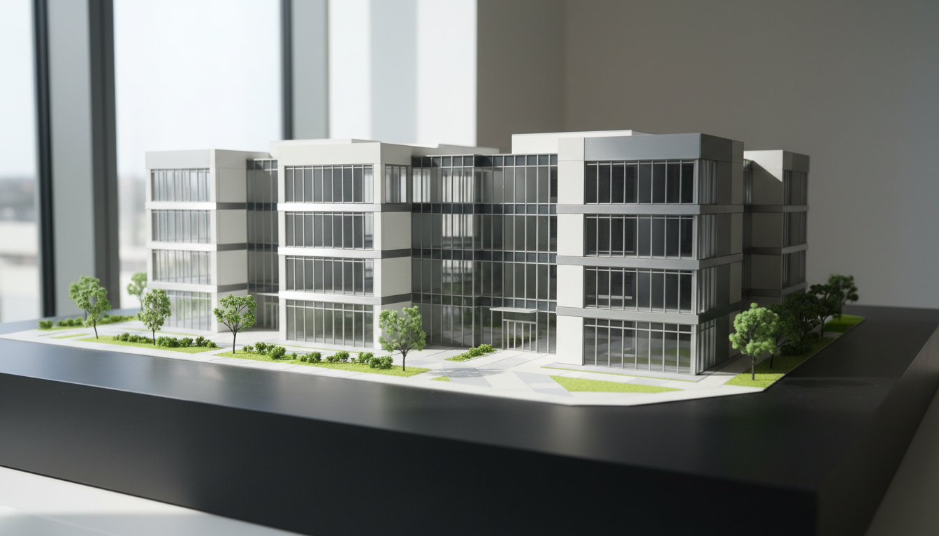 A sleek modern architectural model of a newly constructed commercial building, featuring minimalist facades with clean lines and large glass panels offset by neutral-toned concrete and brushed steel detailing. The model sits on a matte-finished presentation board beside meticulously landscaped green spaces and subtle paving patterns. Natural diffused daylight from an expansive window illuminates the scene, producing gentle reflections on the glass and muted, elongated shadows on the board. The atmosphere is calm, precise, and professional, conveying trust and stability. Photographed at an eye-level perspective with centered composition and sharp focus throughout the frame, the image exemplifies photographic realism and a clean, corporate aesthetic. This visual perfectly embodies the company’s emphasis on quality, modernity, and reliability in construction.